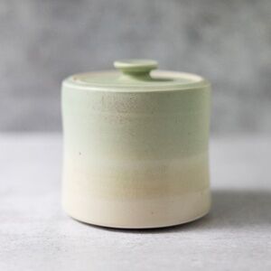 Beautiful Green Glazed Art Pottery Canister Jar With Lid Stamped "DD" 3.5" tall